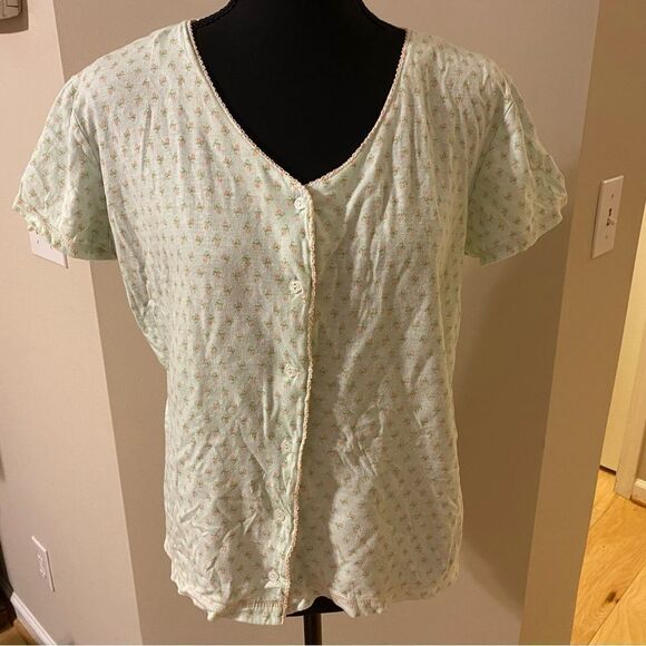 Vanity fair size medium two piece mint green with pink rose detail pajama set - Picture 1 of 15